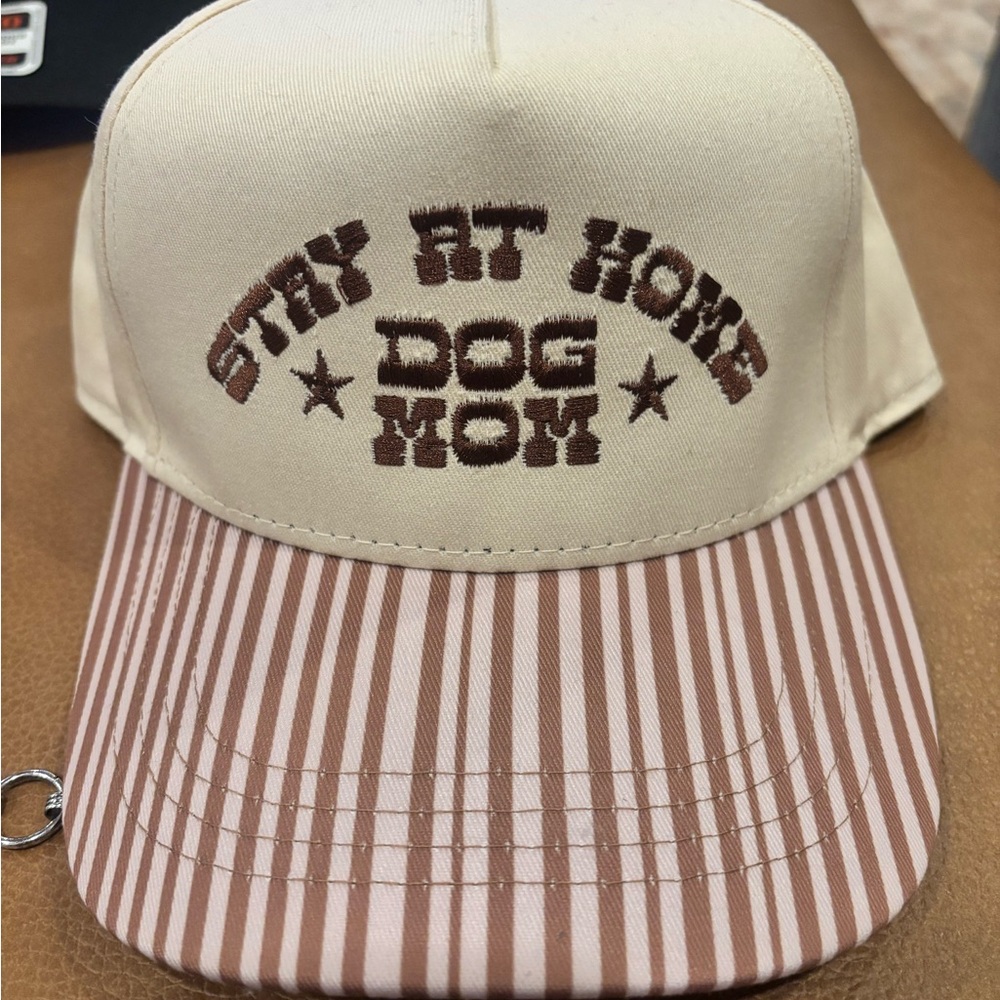 Stay At Home Dog Mom Embroidered Baseball Cap - Cream & Brown
